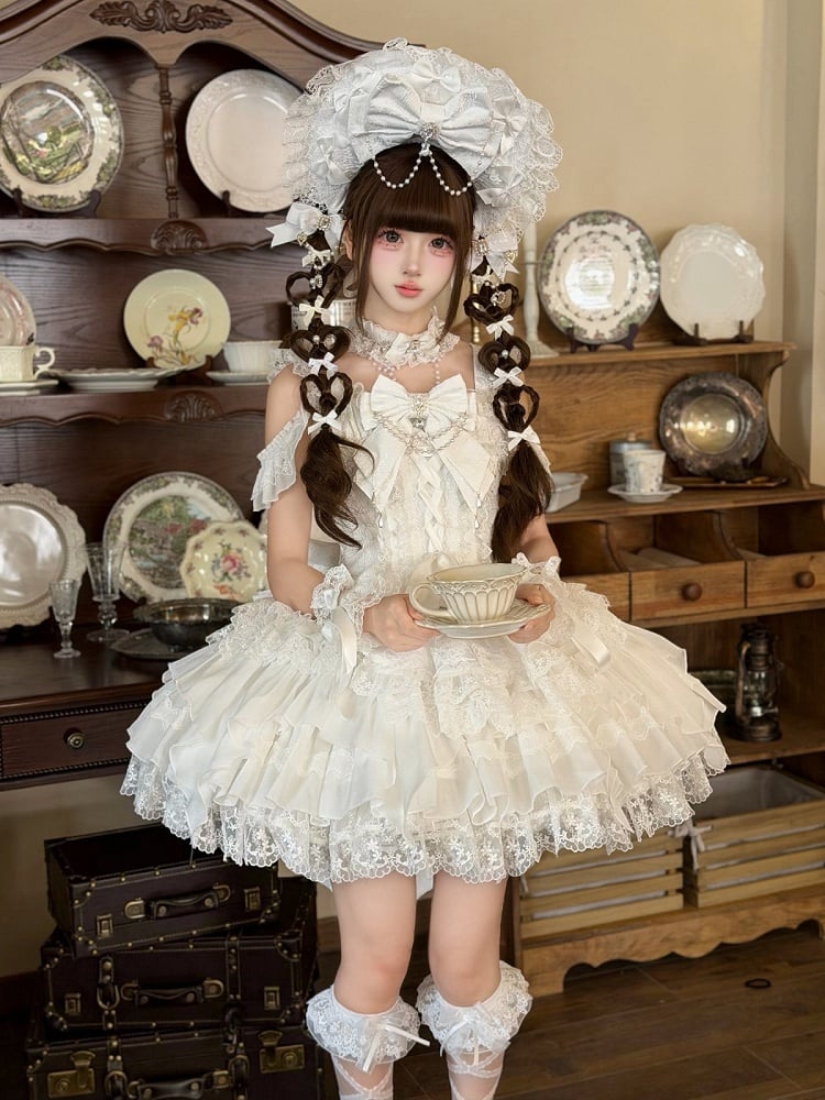 White Ballet Style Lace Ruffle Lolita JSK Dress with Bead Chain Bow Details - White Sugar Girl