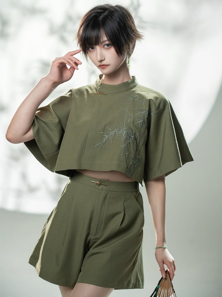 Green Bamboo Embroidered Short Sleeve Top - Feng Hua Gui Guo Ling