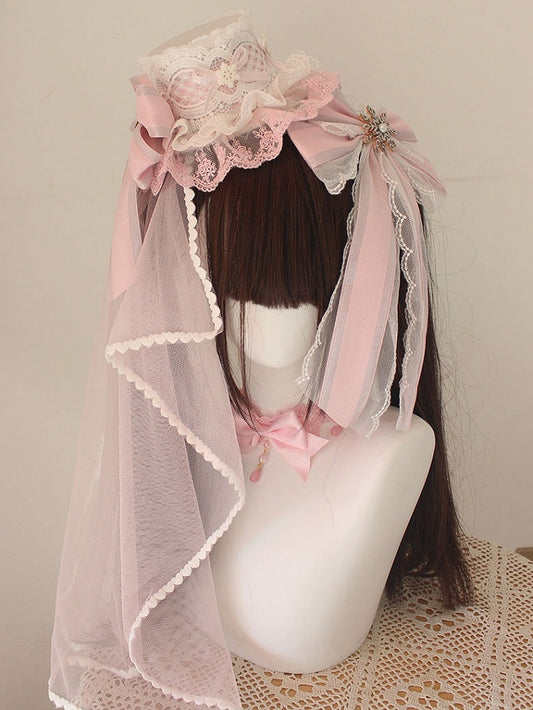 Pink Christmas Beaded Snow Bowknot Details Lace Trim Top Hat With Veil
