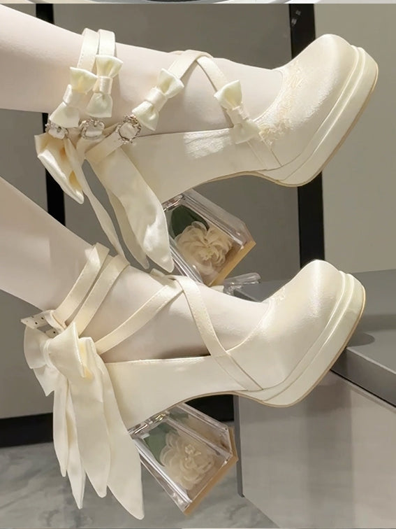 Elegant Heeled 9cm Lolita Mary Transparent Crisscross Janes Straps White - Camellia-Adorned with Heel