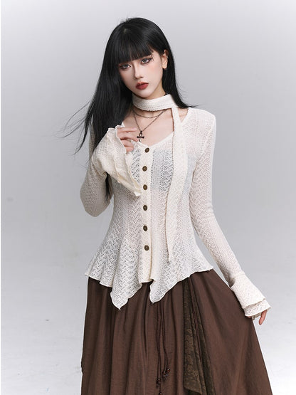 Irregular Cardigan Strap Knit Neck Gothic Apricot Button-Down Hem with
