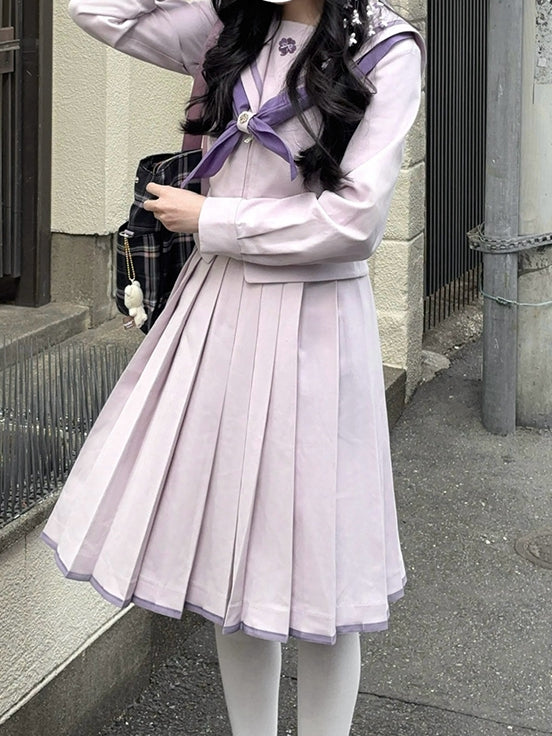 Print Skirt Uniform JK Pruple Style Pleated Preppy Clover Four-leaf