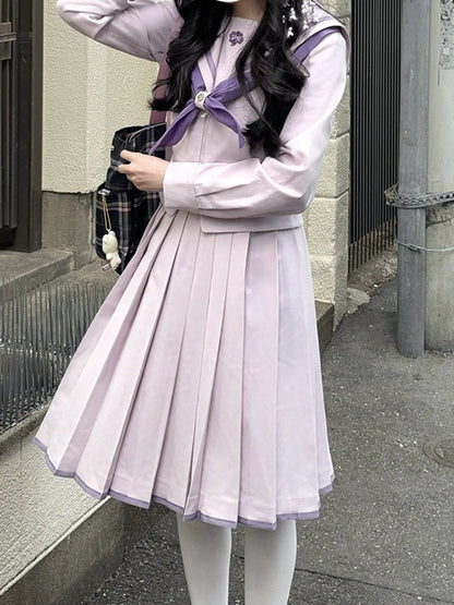 Print Skirt Uniform JK Pruple Style Pleated Preppy Clover Four-leaf