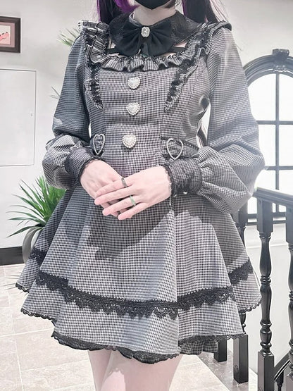 Mini Puff Detachable Collar Gray with Houndstooth Set Kei - Matching Jirai Dress Shorts Dark