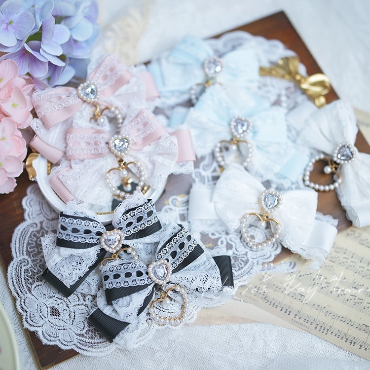 Heart Rhinestone Jirai Kei Lace Bow Hairclips Blue/BlackWhite/White Pink/Light Dusty