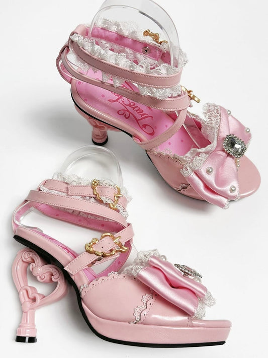 Top at Hime High Heels Gyaru Shoes Pink Magical Bow Heart-shaped Girl Sandals