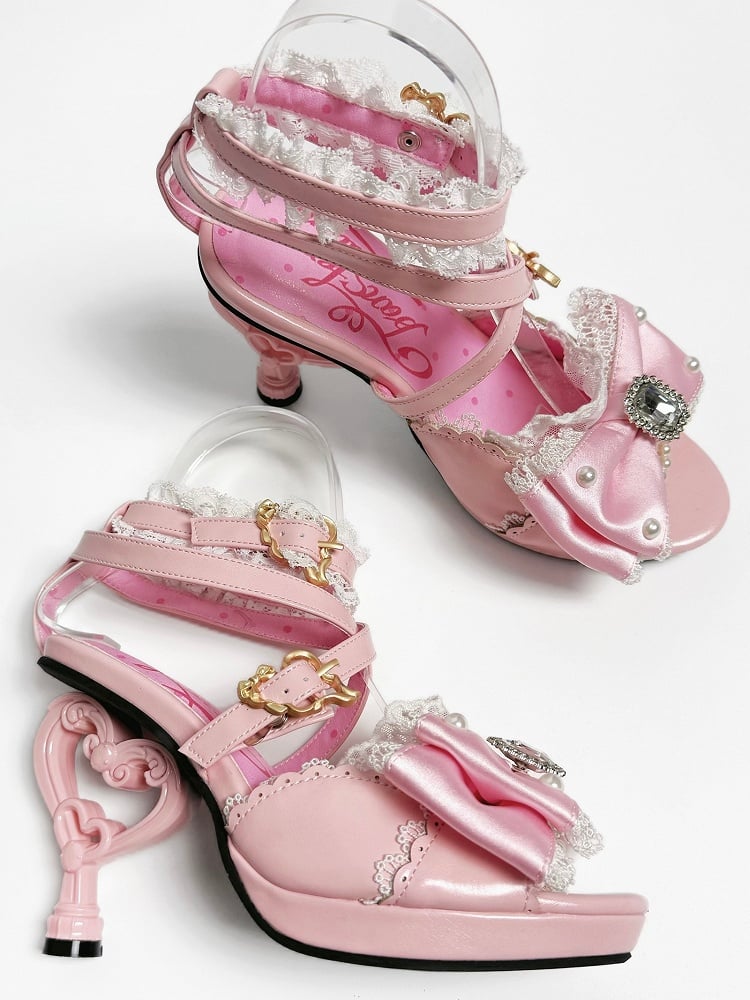 Top at Hime High Heels Gyaru Shoes Pink Magical Bow Heart-shaped Girl Sandals