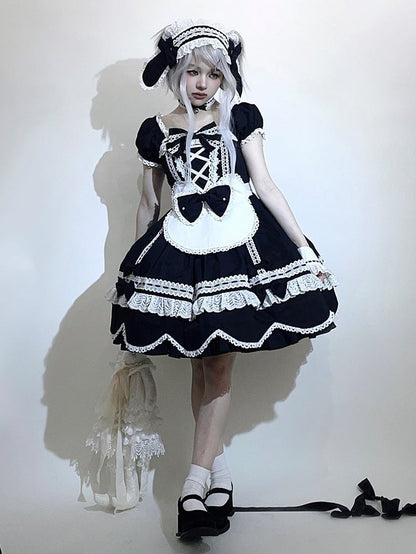 Lolita Ärmel Schwarz Alt Kurzer Ausschnitt Schulstück Puff Square One und Kleid Baumwolle