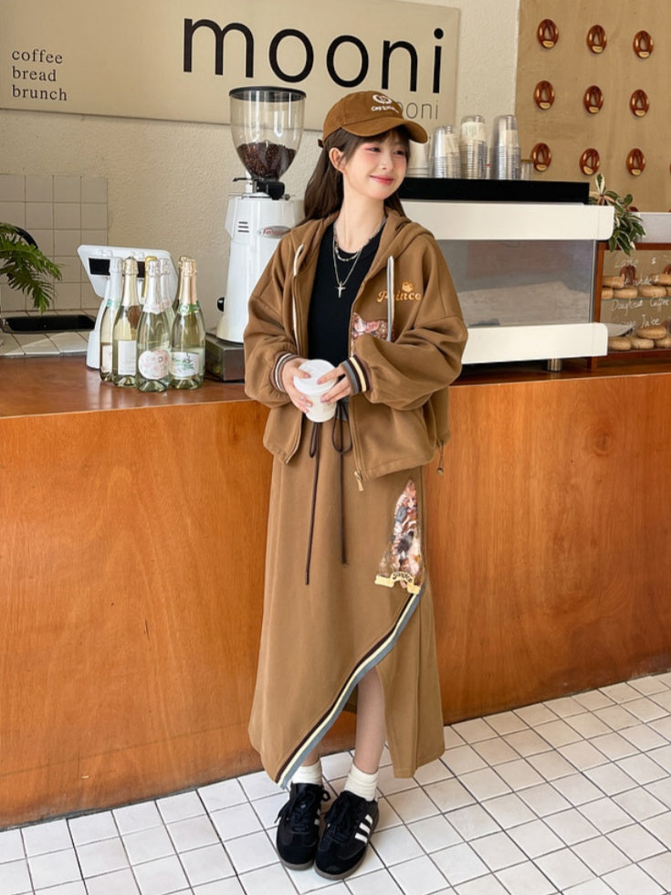 Brown Drawstring Vintage Fashion Slit Skirt Side Millard Waist Prince Print