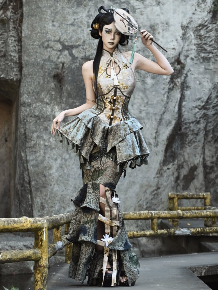 グリーンタイフラワーバードケージヘムラインマーメイドスカート