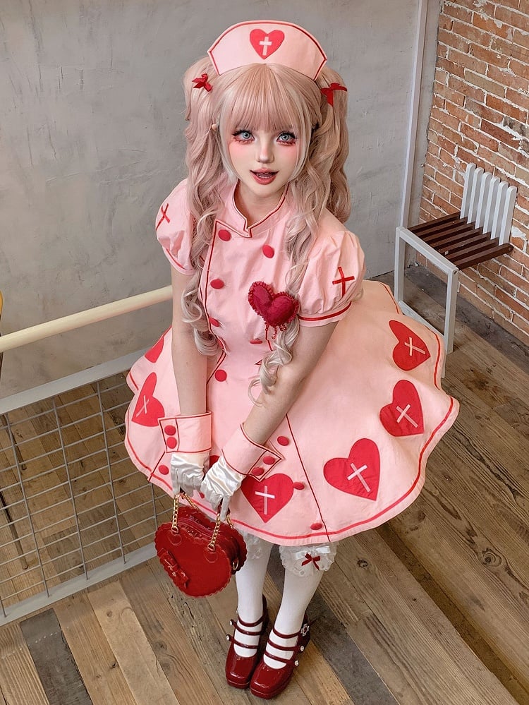 Sleeves Puff Dress Cross Nurse Heart Patches Lolita Pink