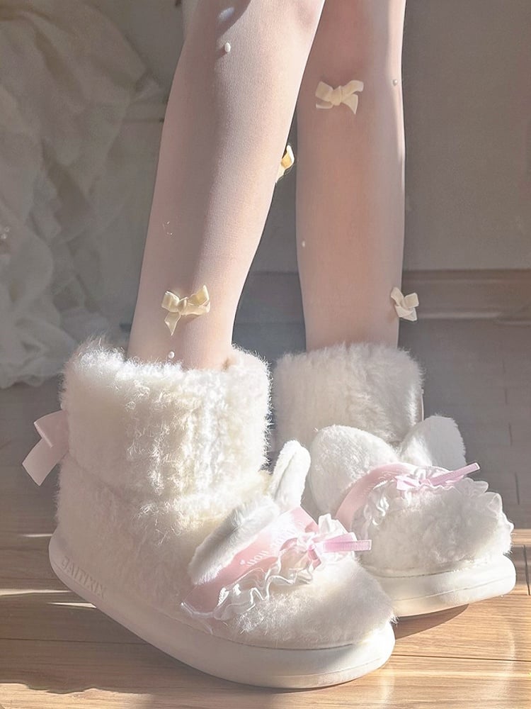 with Bow Shoes Plush Accents Sweet Off-white Lolita