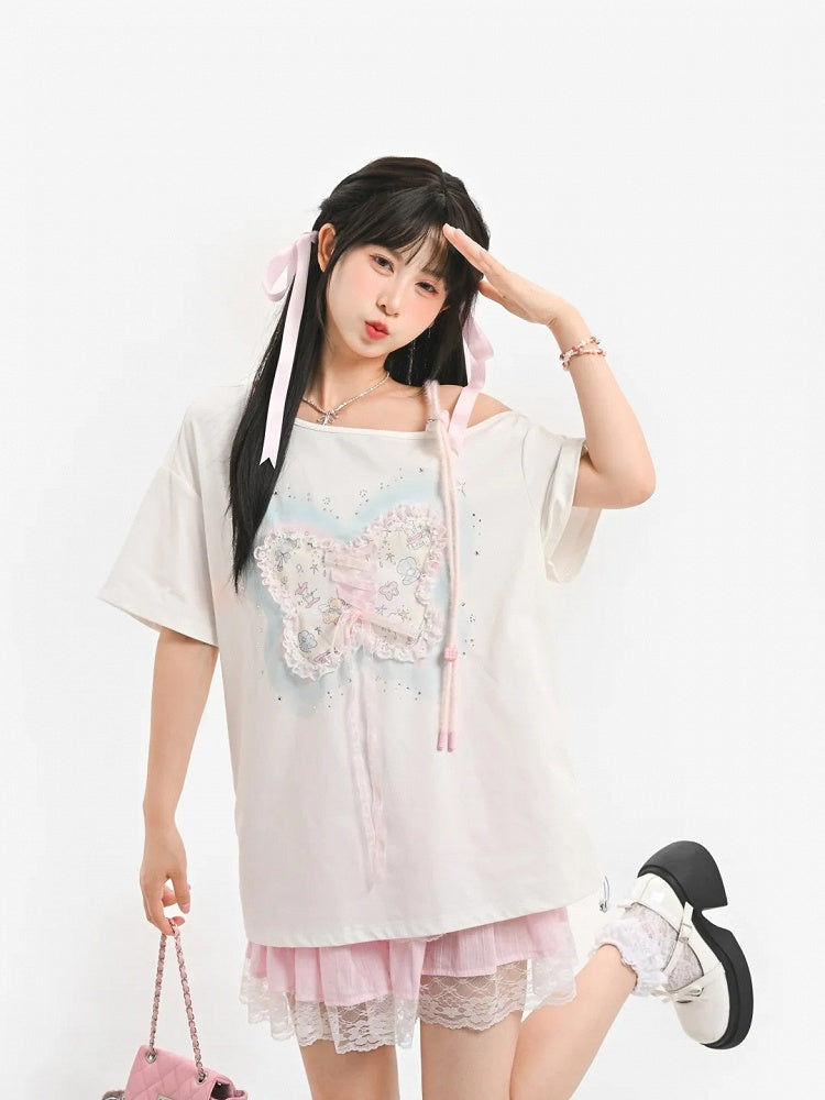 Sequins Decorated Lace-up Butterfly White Asymmetrical Neckline T-shirt Detail