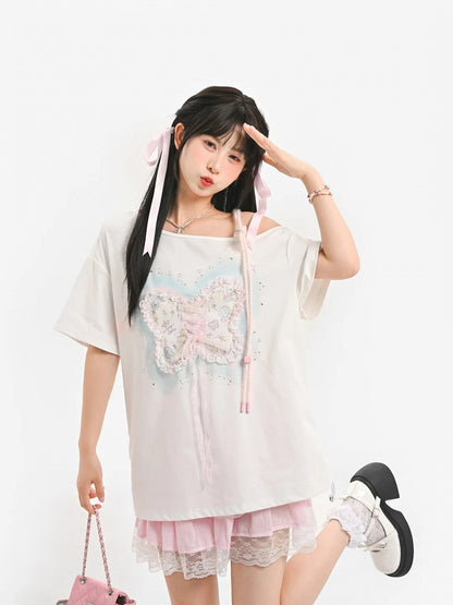 Sequins Decorated Lace-up Butterfly White Asymmetrical Neckline T-shirt Detail