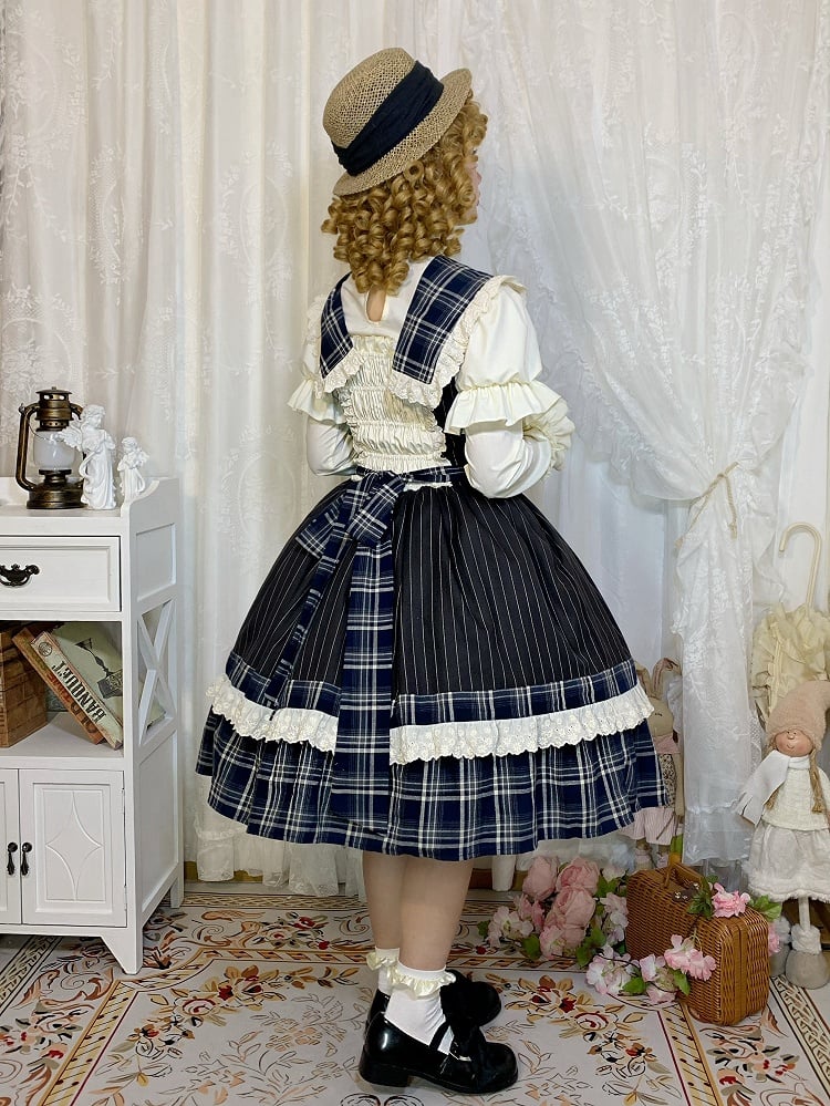 Robe à carreaux bleus et rayures noires, col amovible et jupe pull Lolita à nouer