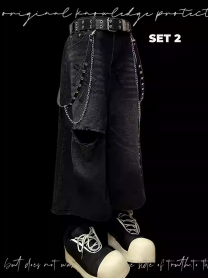 Vintage Applikationen Distressed Holes Straight-Leg Jeans Schwarzes Kreuz