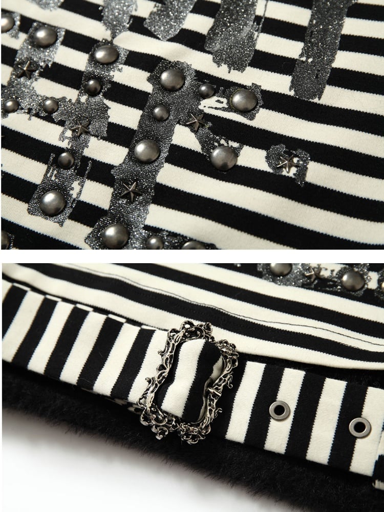 Rot-weiß gestreiftes Buchstaben-Top mit abnehmbarem Plüschkragen