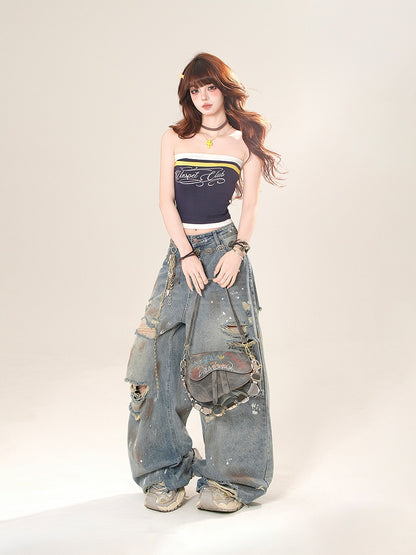 ネイビーブルー/ブラックレタープリントクロップドストラップレストップ