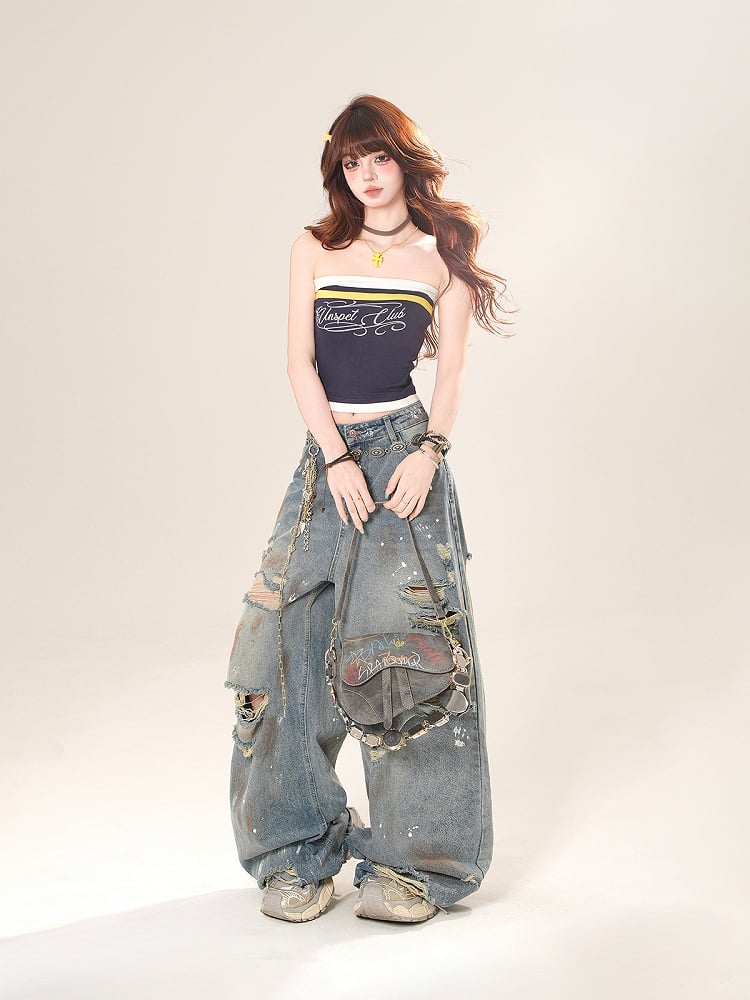 ワイドレッグジーンズ、股上はダメージ加工、穴あき、ブルースプレー、ロープリントペイント