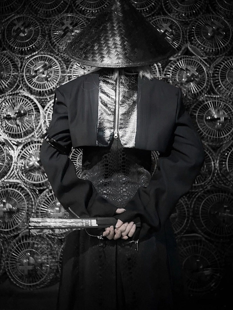 Black Unisex Gothic Snakeskin-Grain Long Coat with False Two-Piece Design & Dual Zips - Wu Xiang Gui Shi