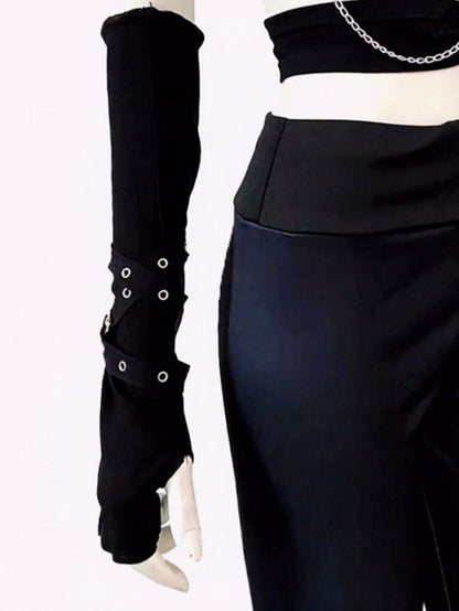 Black Punk Style Long Fingerless Gloves with Metal Buckle Decoration - Mr. Cat