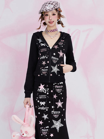 Schwarzer, schmal geschnittener Kapuzenpullover mit Reißverschluss und Y2K-Sternen-Print