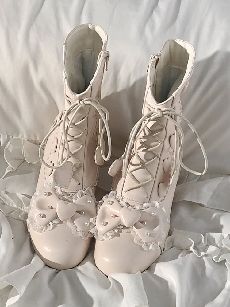 Heart Fastening Bow - Dual with PU Lolita Mid-Heel Boots Beaded Details Apricot Elegant