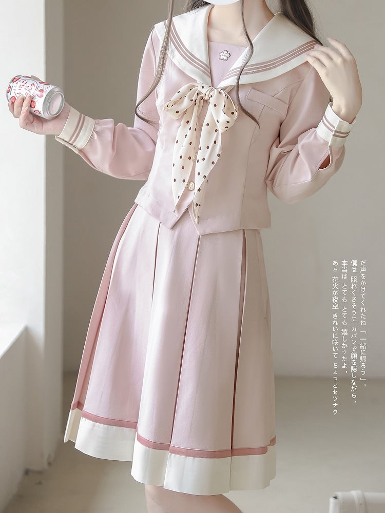 Long Sailor Uniform with Sweet Sleeve JK Beige Blouse Sakura Collar and Pink Embroidery