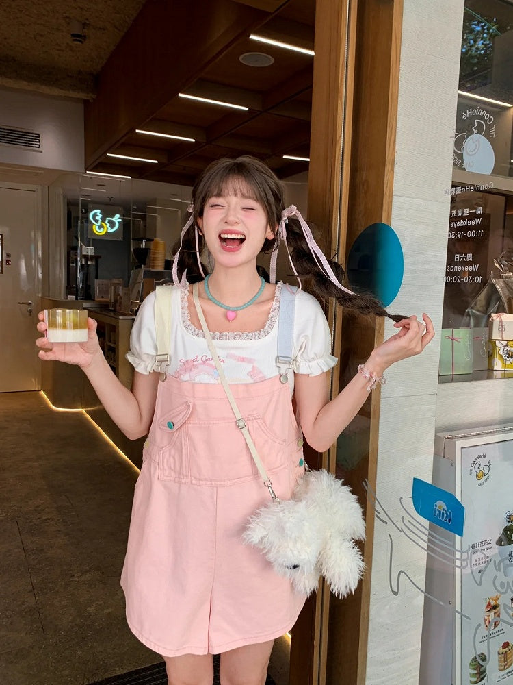 Denim Overall Shorts Grün Candy Farbe Pink/Mint