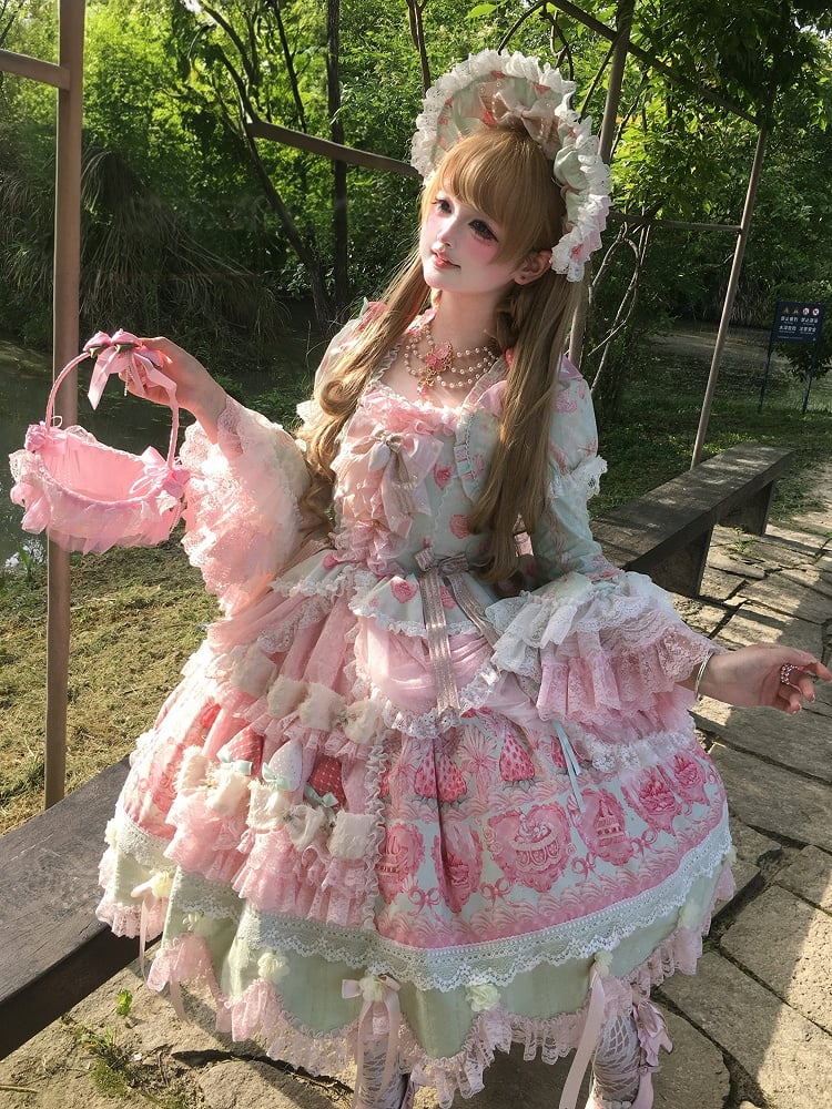 Green & Pink Strawberry Cake Print Bell Sleeve Lolita Dress - Ball Lolita
