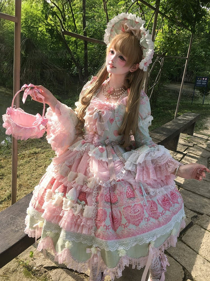 Green & Pink Strawberry Cake Print Bell Sleeve Lolita Dress - Ball Lolita