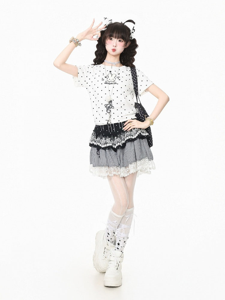 Kawaii White Polka Dot Tee with Rabbit Embroidery - Languid Park