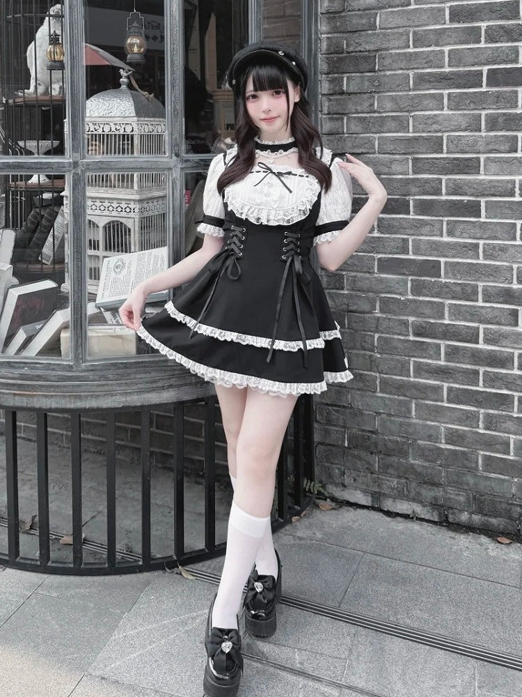 Black White Jirai Kei Lace Trim Dress Bead Choker Shorts - shirohato