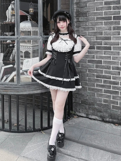 Black White Jirai Kei Lace Trim Dress Bead Choker Shorts - shirohato