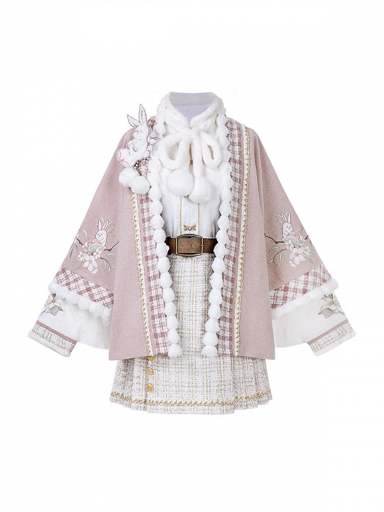 Hanfu-Style Fuzzy Long Sleeve Blouse with Pink Rabbit Embroidered Coat and Pleated Mini Skirt Set - Han Ru Chu Hanfu &amp; Han-Element Studi
