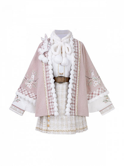 Hanfu-Style Fuzzy Long Sleeve Blouse with Pink Rabbit Embroidered Coat and Pleated Mini Skirt Set - Han Ru Chu Hanfu &amp; Han-Element Studi