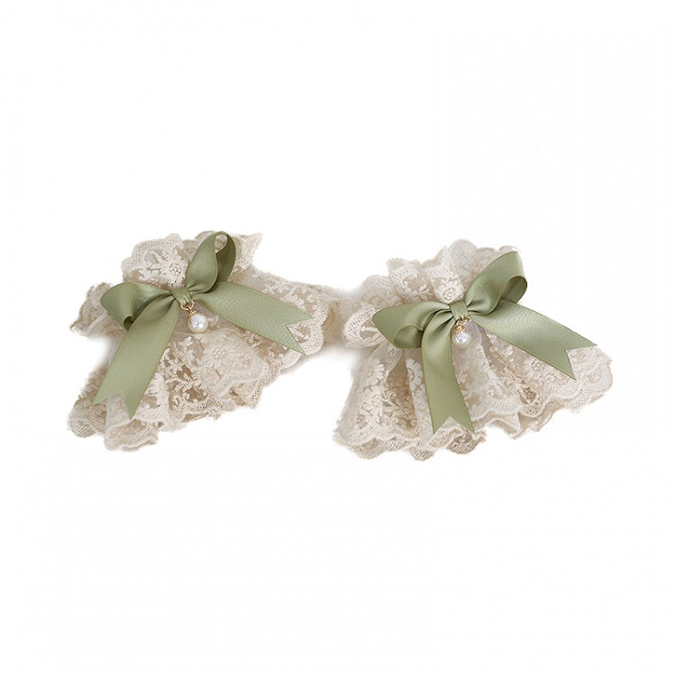 Wrist Lace Charm Country Beige With Green Bowknot Lolita Cuffs Bead