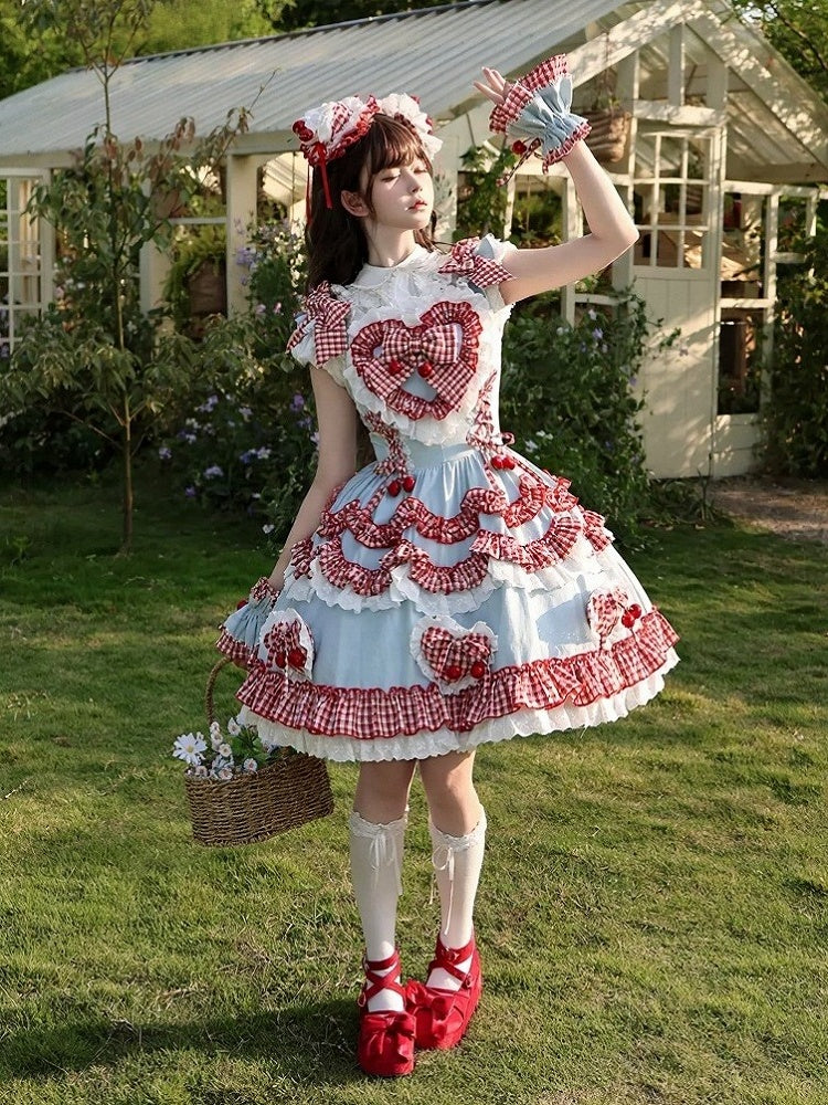 Scarlet and Navy Cherry Polka-Dot Lace JSK - Rosede Cheese