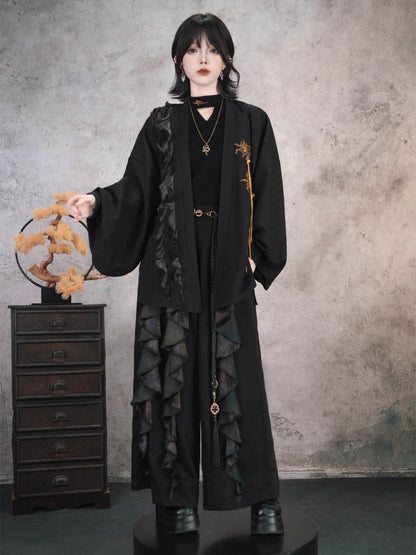 Gothic Black Pipa Sleeve Cardigan with Mandala Embroidery, Tassels and Ruffle Edging - Quirky Hut