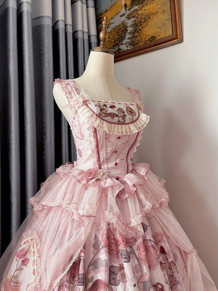 ピンクのバニーバスクウエストマッシュルームスカートプリンセスとジャンパーロリータプリント