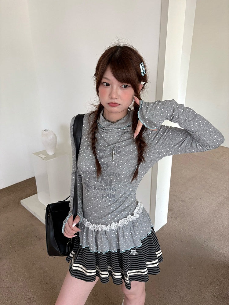 with Dots Ruffle Gray Polka Long T-Shirt Sleeve Neck Trim Lace