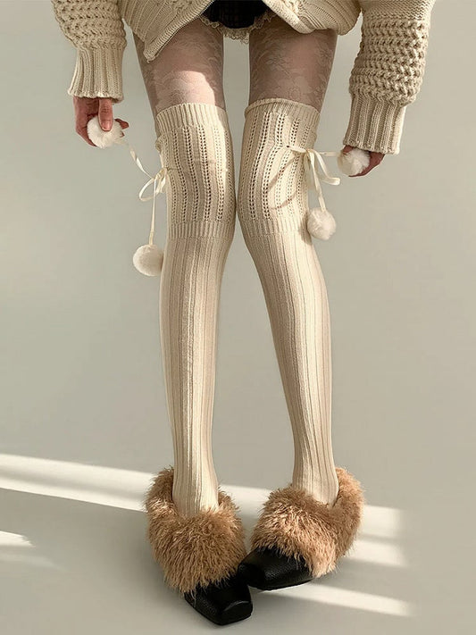 Lace-Up Pom-Pom Thigh-High Ribbed Stockings