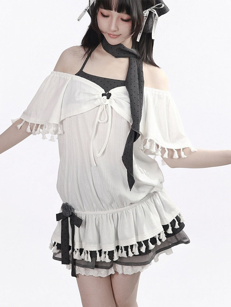 White Faux Two-Piece Flutter Sleeve Top with Tassels - PINK SAVIOR