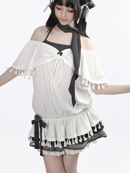 White Faux Two-Piece Flutter Sleeve Top with Tassels - PINK SAVIOR