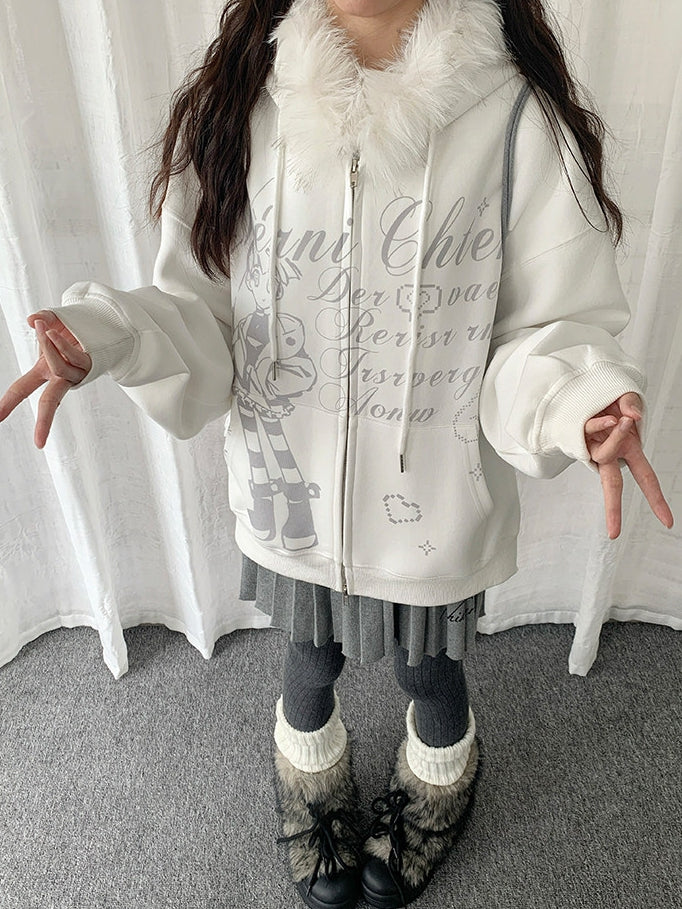 Haut à capuche blanc en peluche style Y2K avec bordure de veste