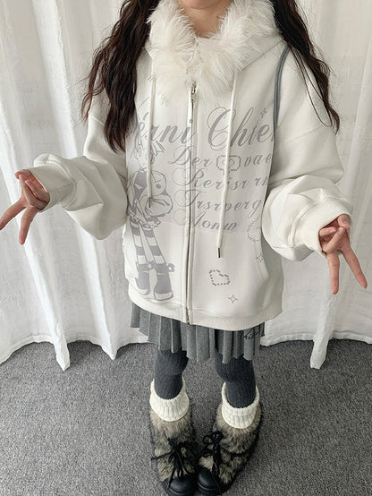 Haut à capuche blanc en peluche style Y2K avec bordure de veste