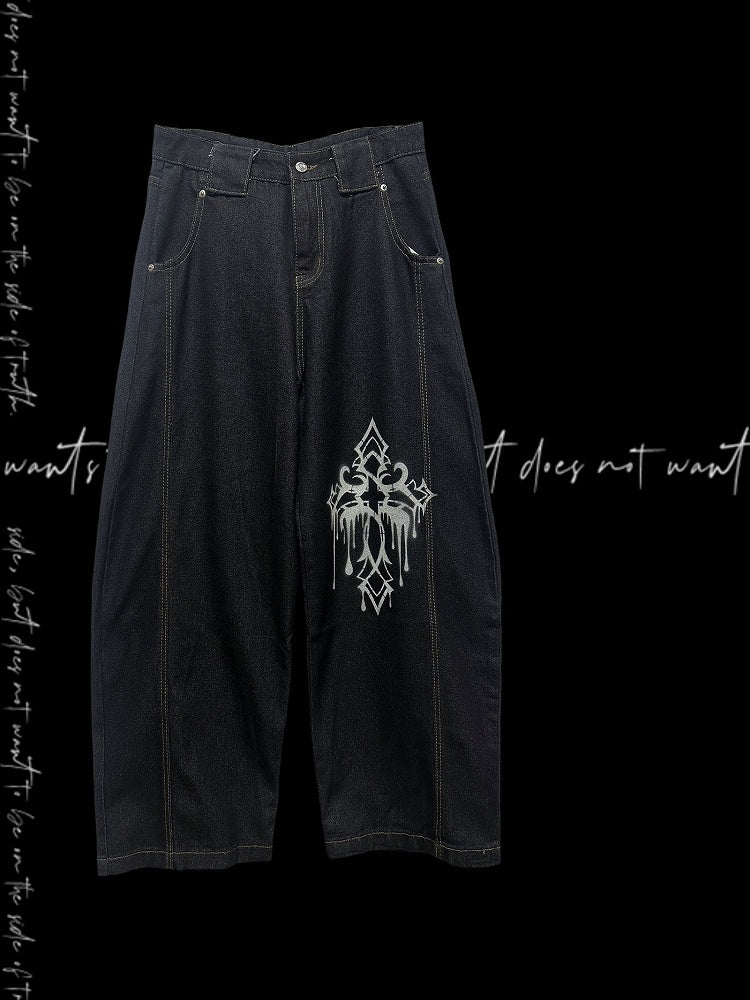 ダークブルーのクロスプリント ルーズワイドレッグジーンズ