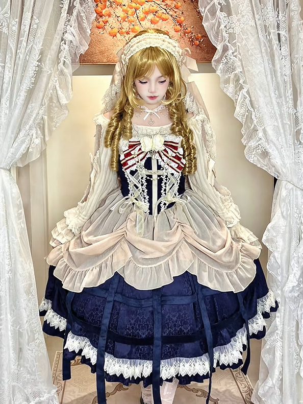 with Trim JSK Blue Lace Dress Apricot Lolita Gothic Cross and Motif