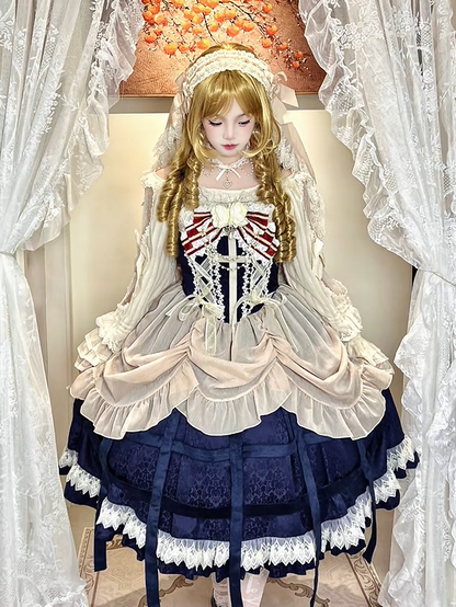 with Trim JSK Blue Lace Dress Apricot Lolita Gothic Cross and Motif