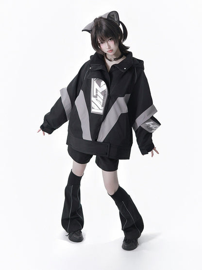 Kaiwai Cyberpunk Black - Two-Piece + Full Gray Leg Shorts Set Hair Clips Warmers Tenshi Techwear Cat Hooded Matching Jacket Ear